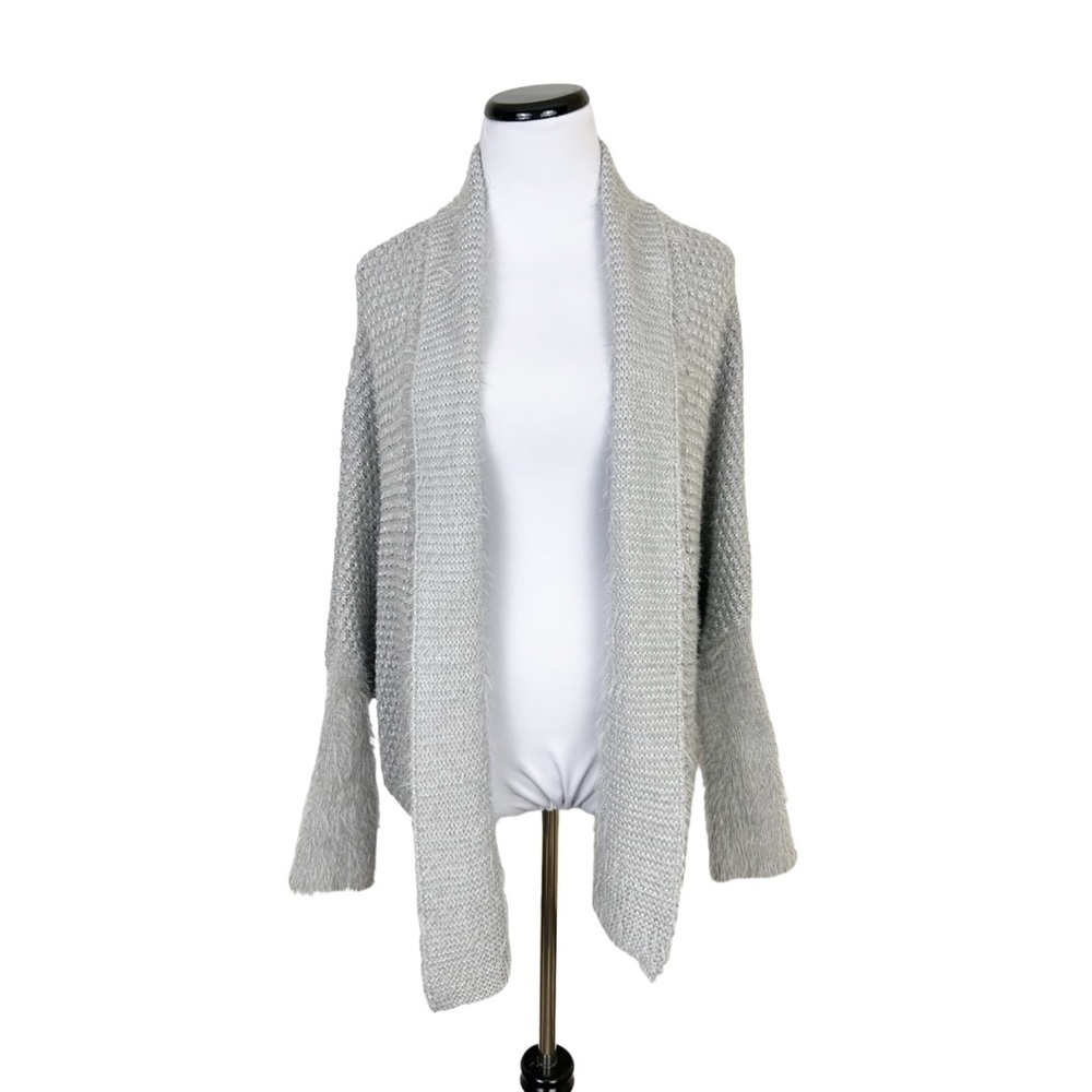 Jessica Simpson Metallic Eyelash Knit Open Front Cardigan Gray Silver Size Small